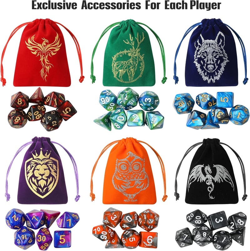 Grajar DND Dice Set, 42 Pcs polyhedral dice Set with 6 Colorful Animal Pattern Bag and PU Leather Velvet Tray for Dungeons Dragons D&D RPG MTG Table Games - Image 2